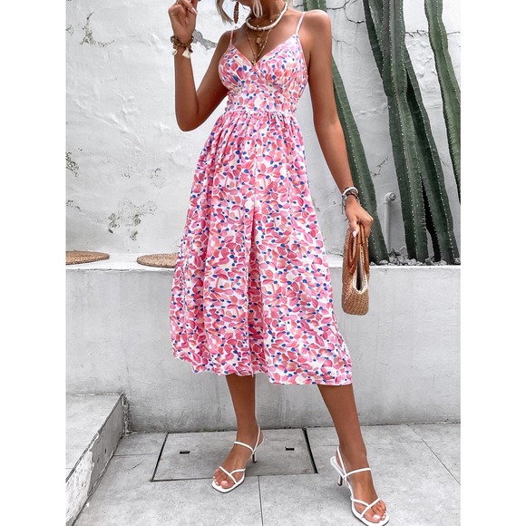 Boho Floral Print Split Thigh Shirred Cami Strap Midi Dress pink - Picture 6 of 6